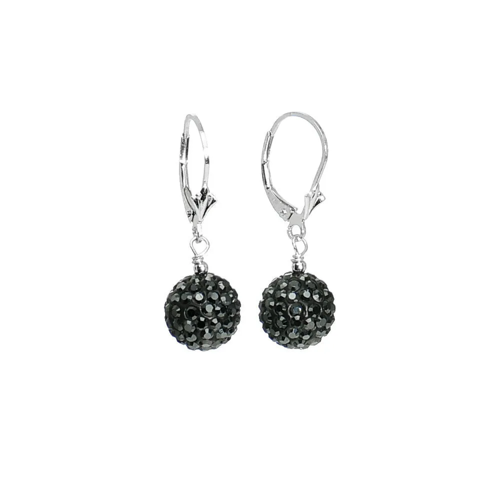 10mm Jet Crystal Ball Sterling Silver Leverback Earrings