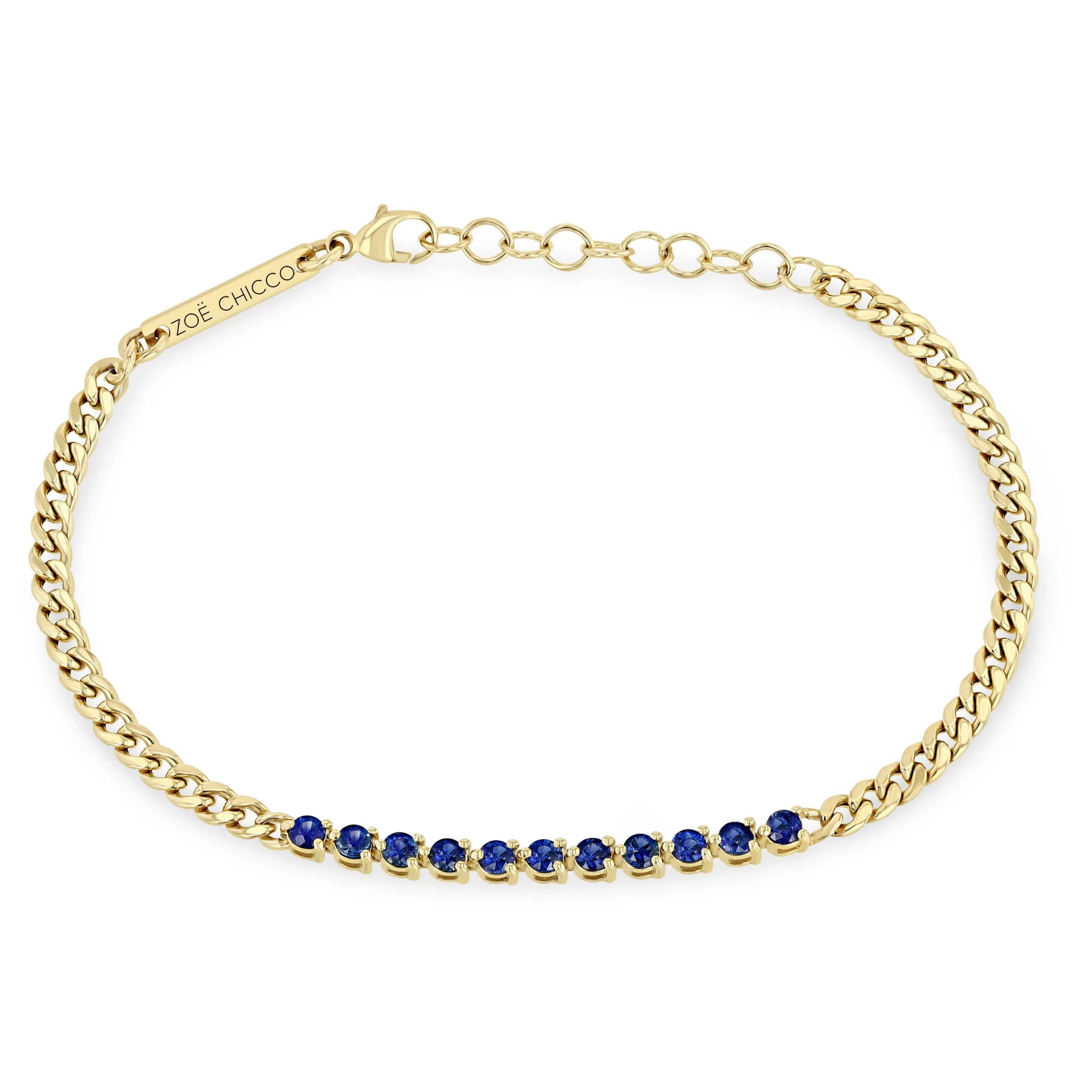 14k Blue Sapphire Tennis Segment Small Curb Chain Bracelet