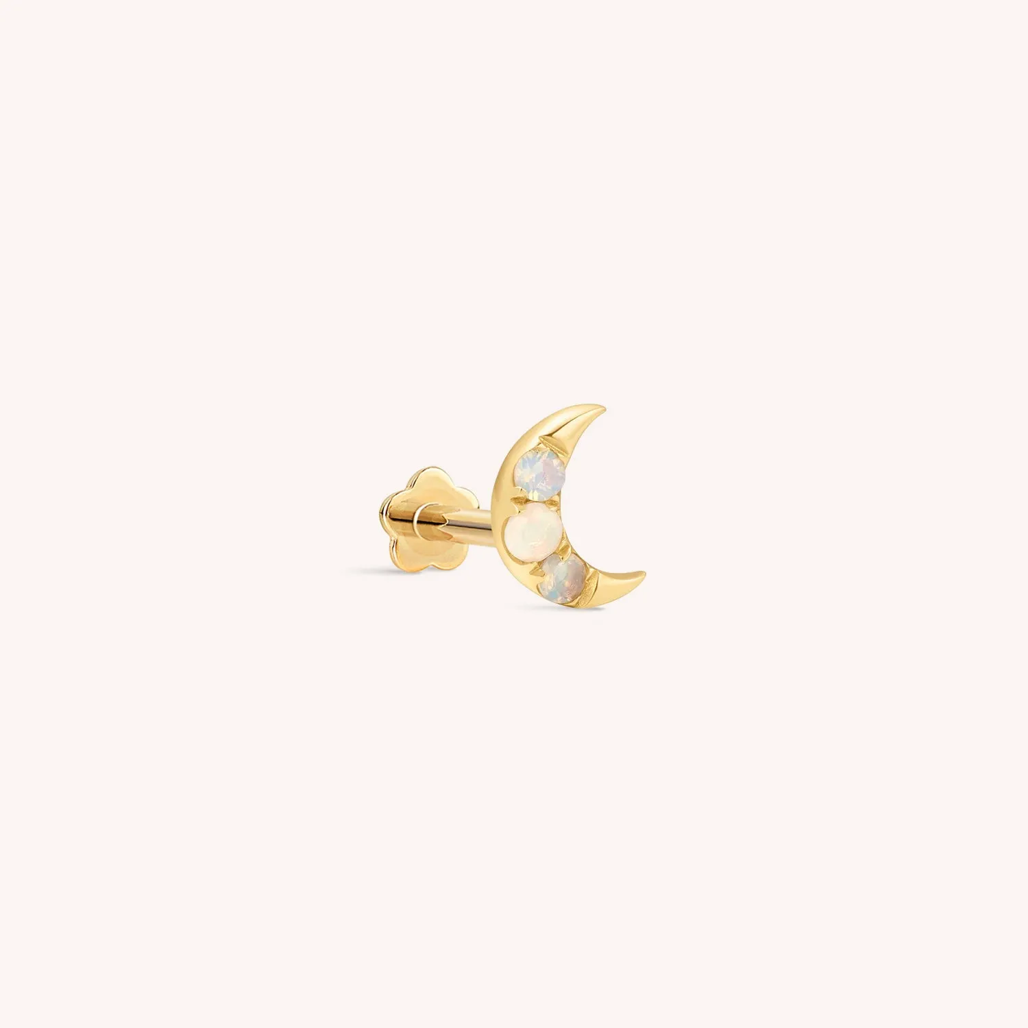 14K Solid Gold Opal Crescent Moon Flatback Earring