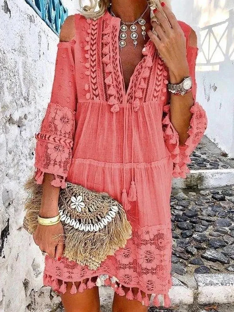 2024 New Spring Embroidery Crochet Lace Boho Dress