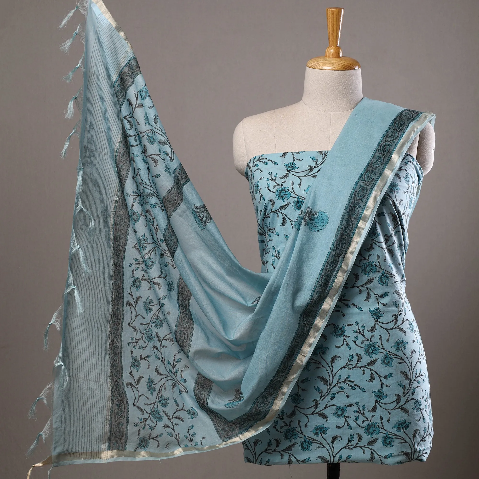 3pc Sanganeri Block Printed Cotton Suit Material with Chanderi Silk Dupatta 14