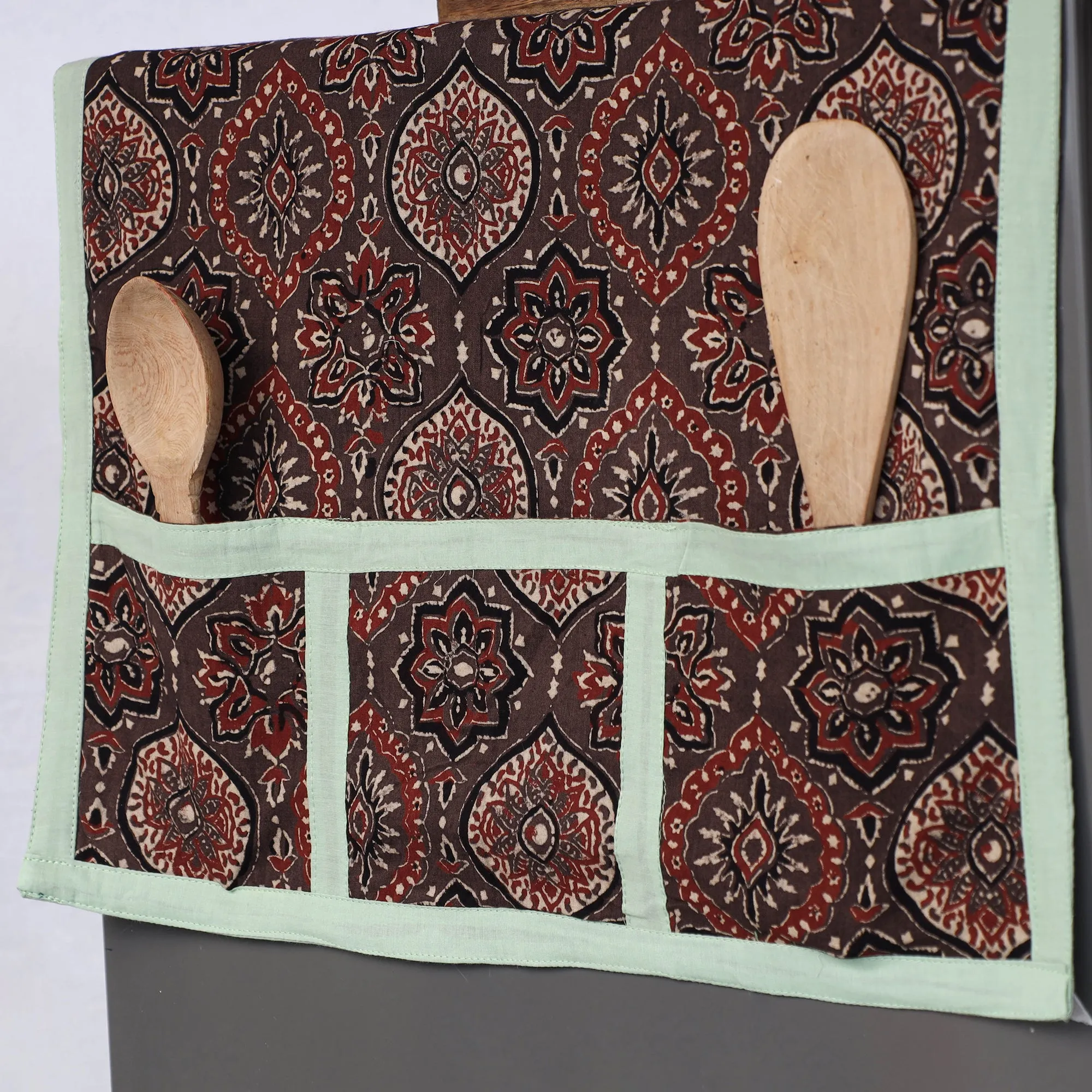 Ajrakh Block Printed Cotton Fridge Top Cover with Multiple Pockets