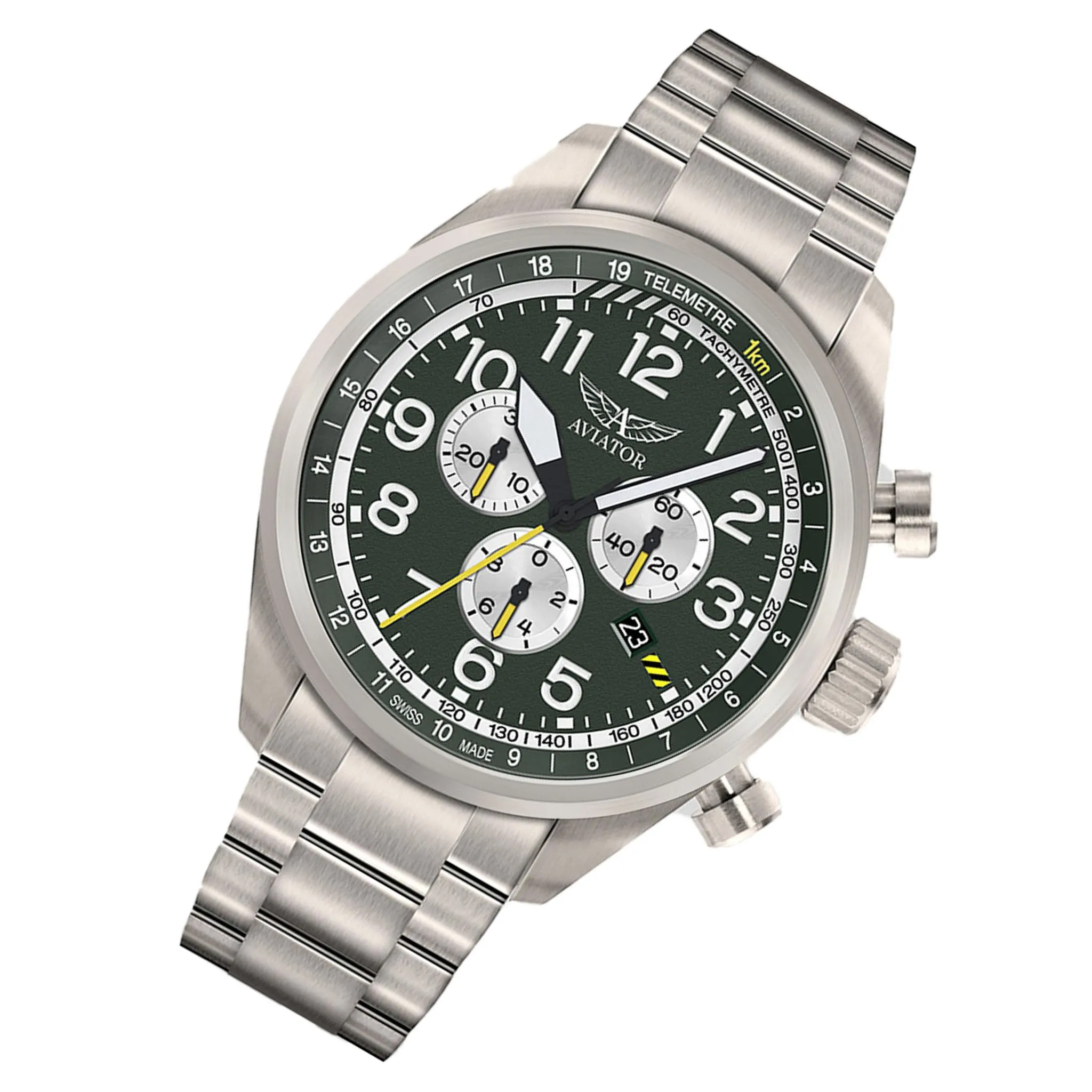 Aviator Grey Steel Green Dial Chronograph Swiss Made Men's Watch - V22571715