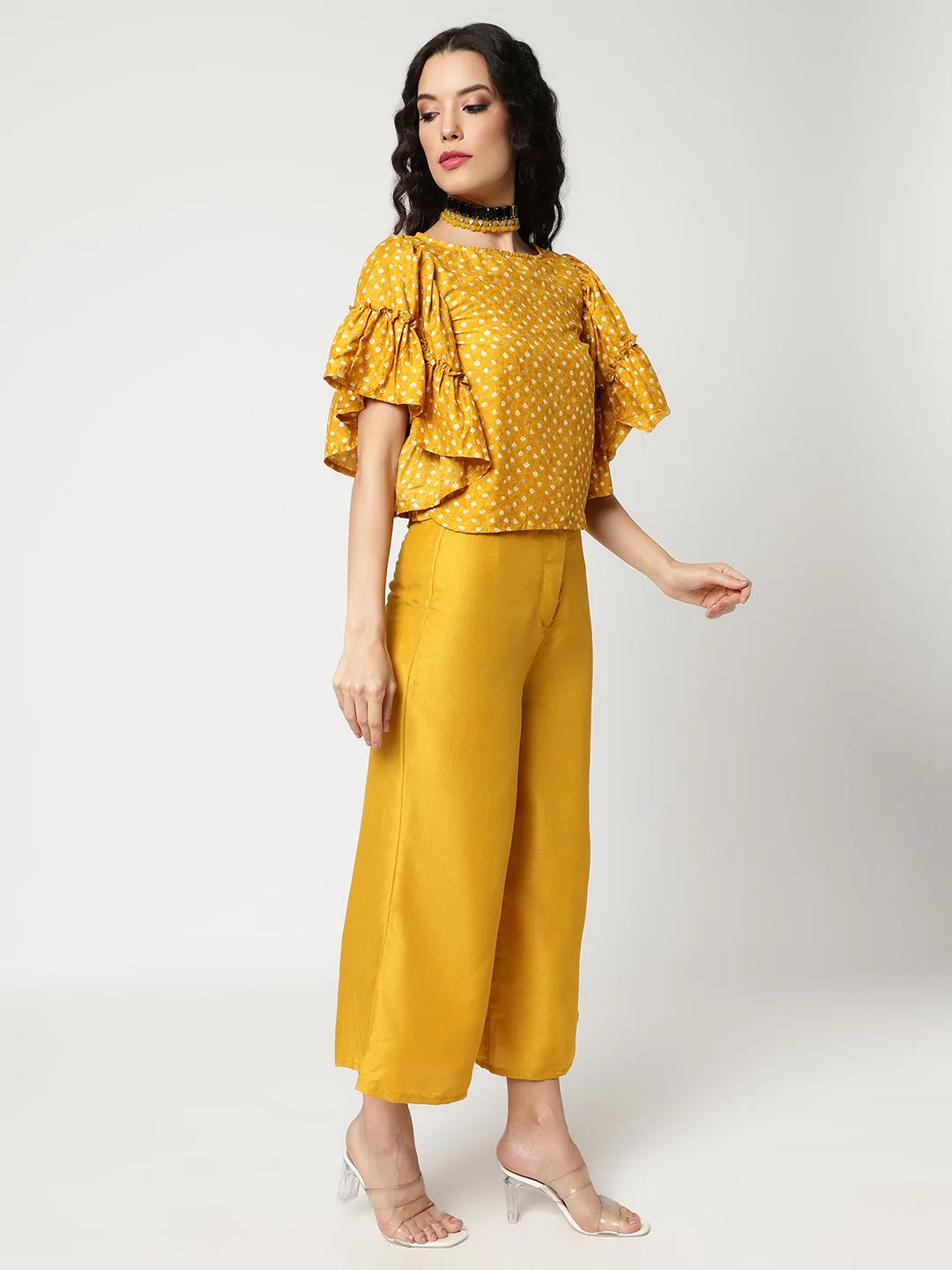 Bandhani Foil Printed Crop Top With Flared Sleeves And Solid Matching Pant Set