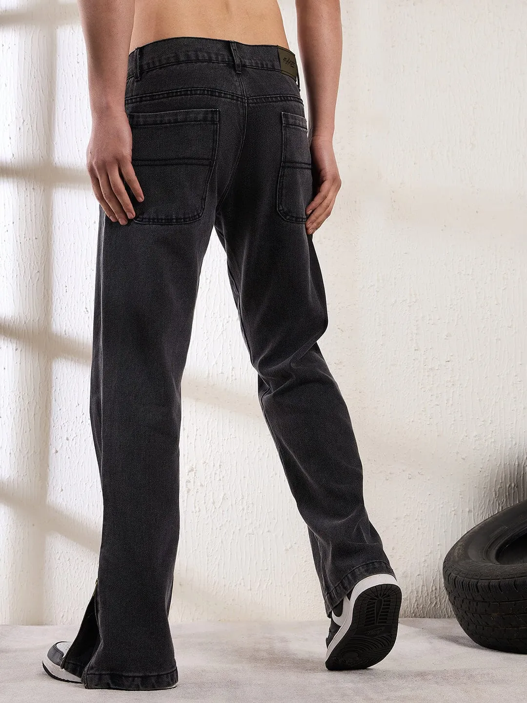 Black Contrast Patched Flared Zipped Denim