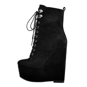 Black Suede Lace Up Platform Wedges Ankle Boots