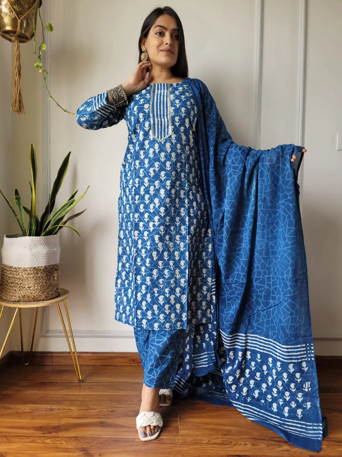 Blue Block Print Suit Set With Dupatta