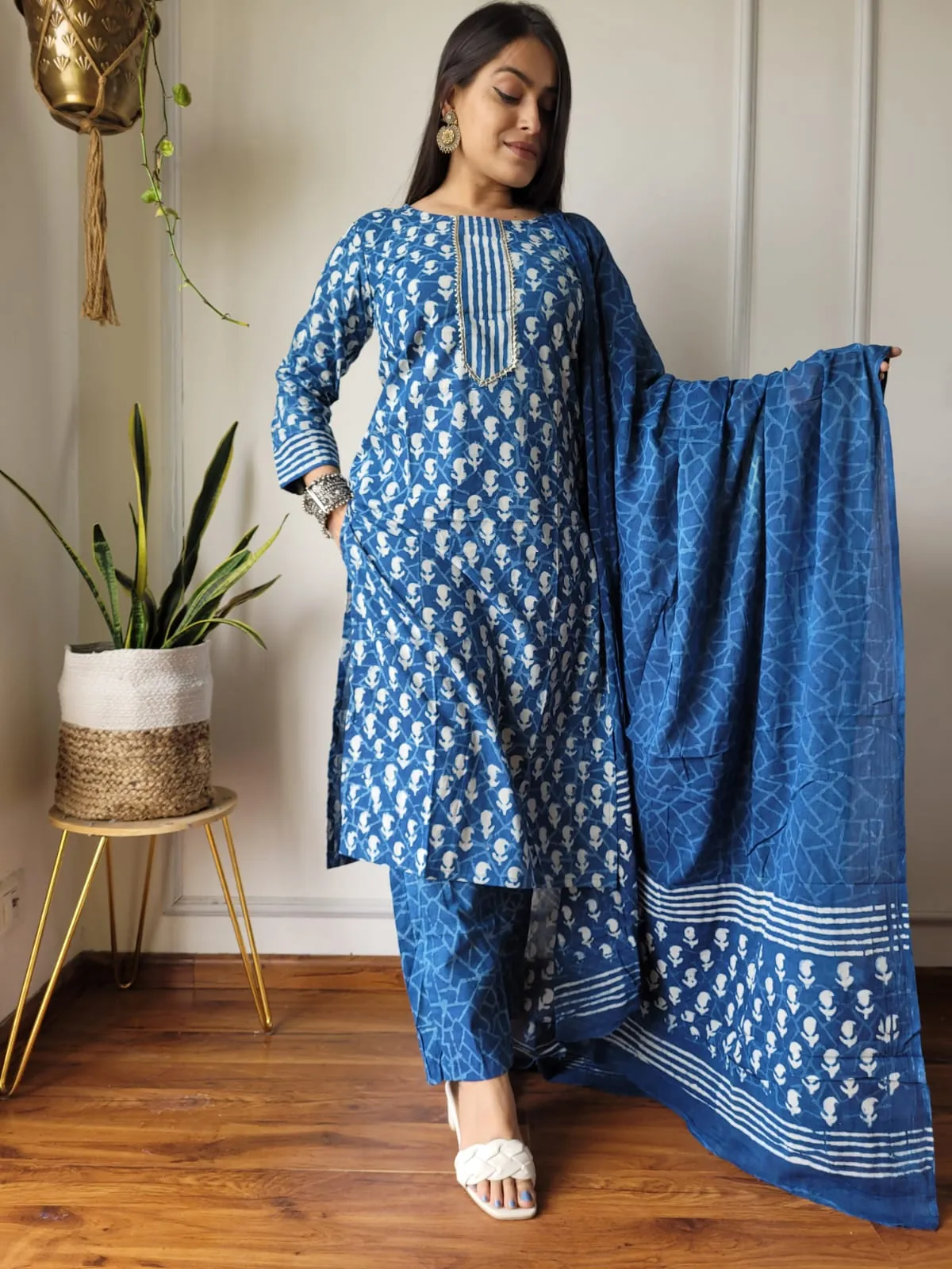 Blue Block Print Suit Set With Dupatta