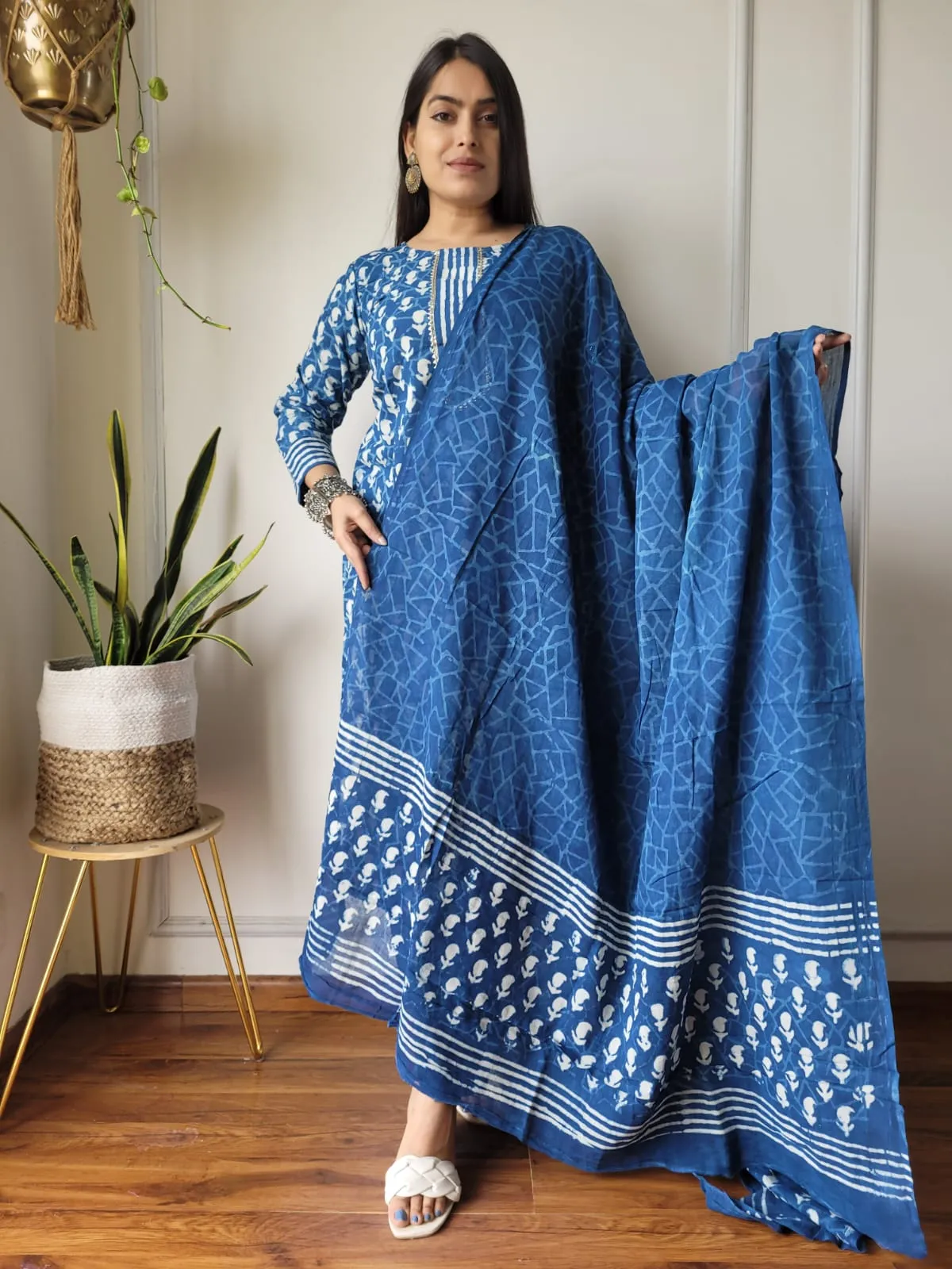 Blue Block Print Suit Set With Dupatta