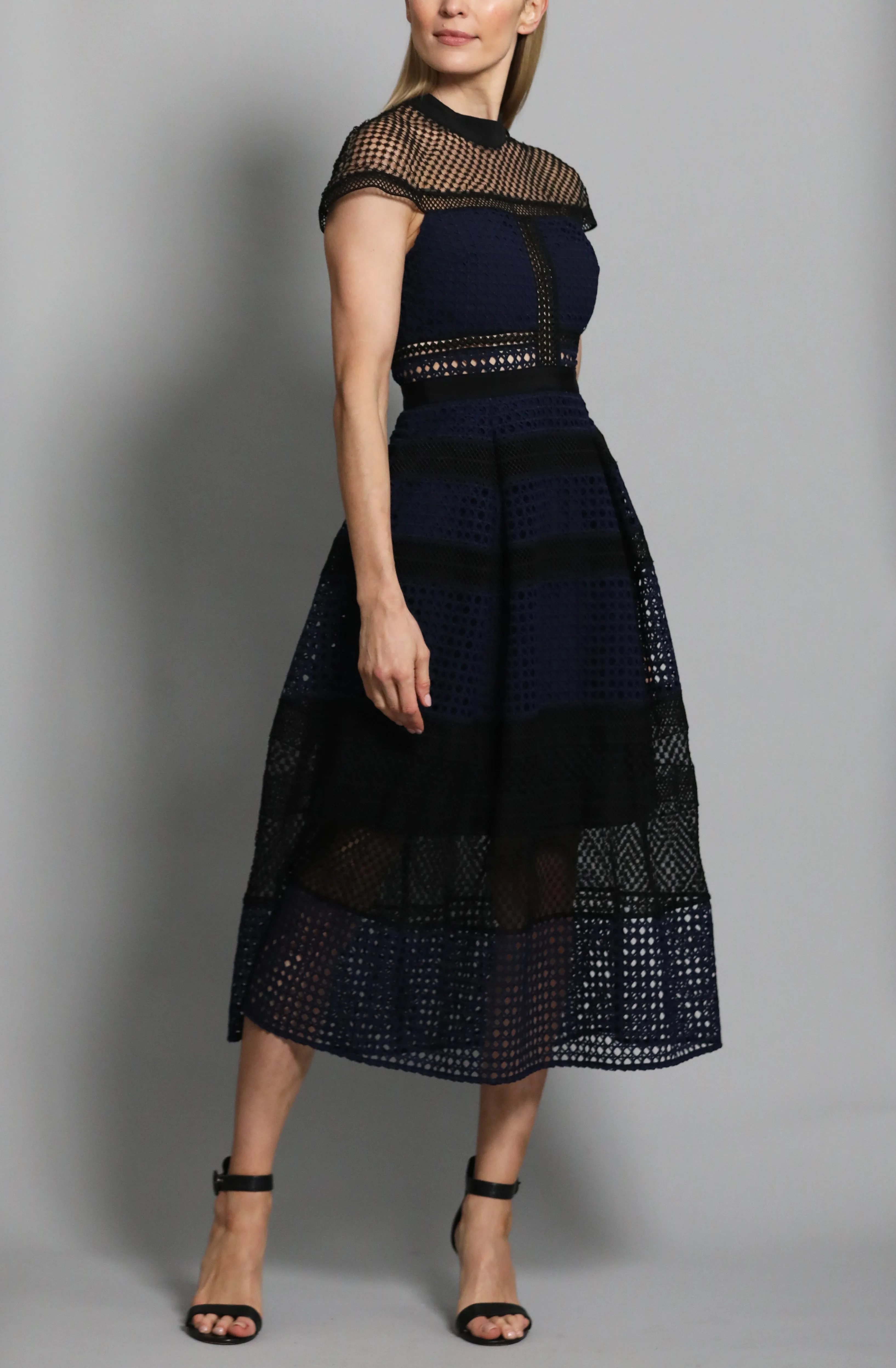 Blue Crosshatch Panelled Midi Dress