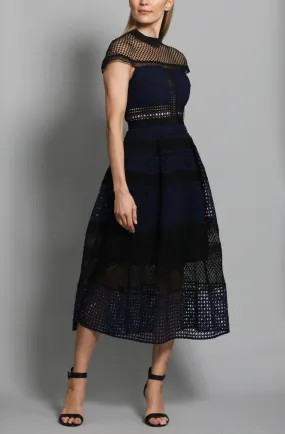 Blue Crosshatch Panelled Midi Dress