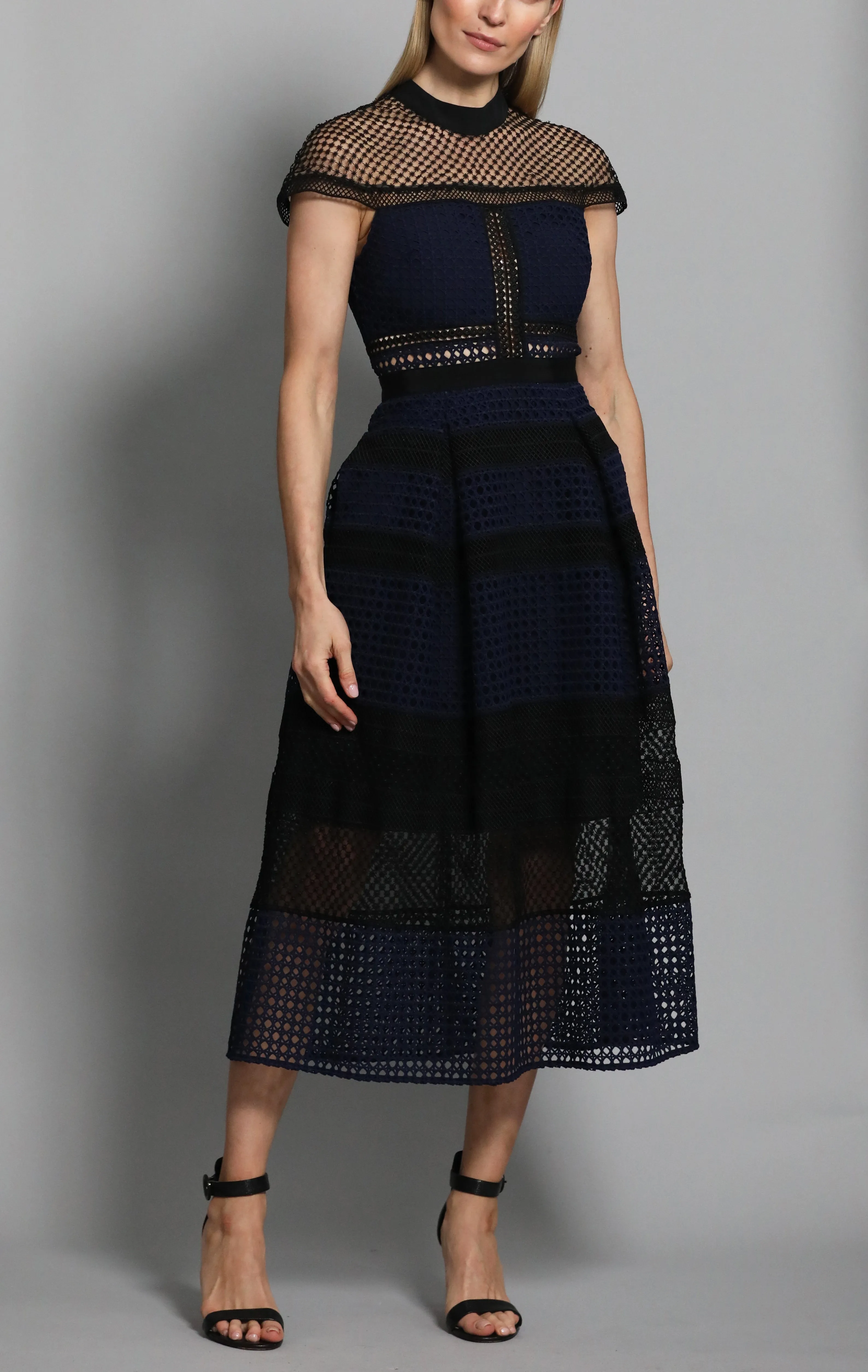 Blue Crosshatch Panelled Midi Dress