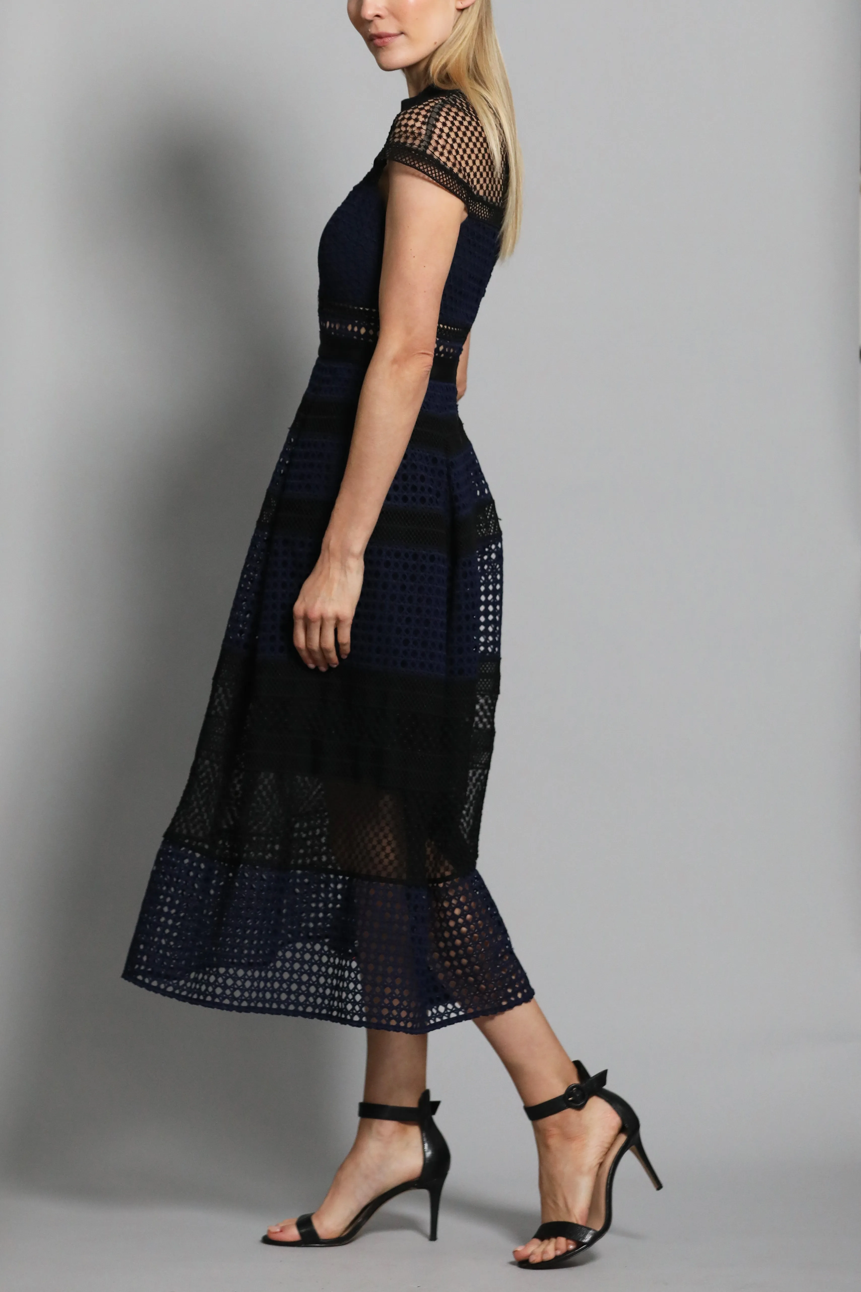 Blue Crosshatch Panelled Midi Dress