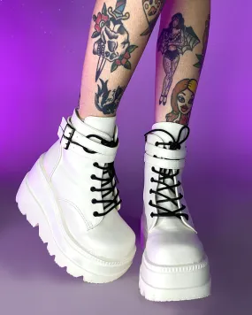 Demonia White Stacked Wedge Platform Ankle Boots