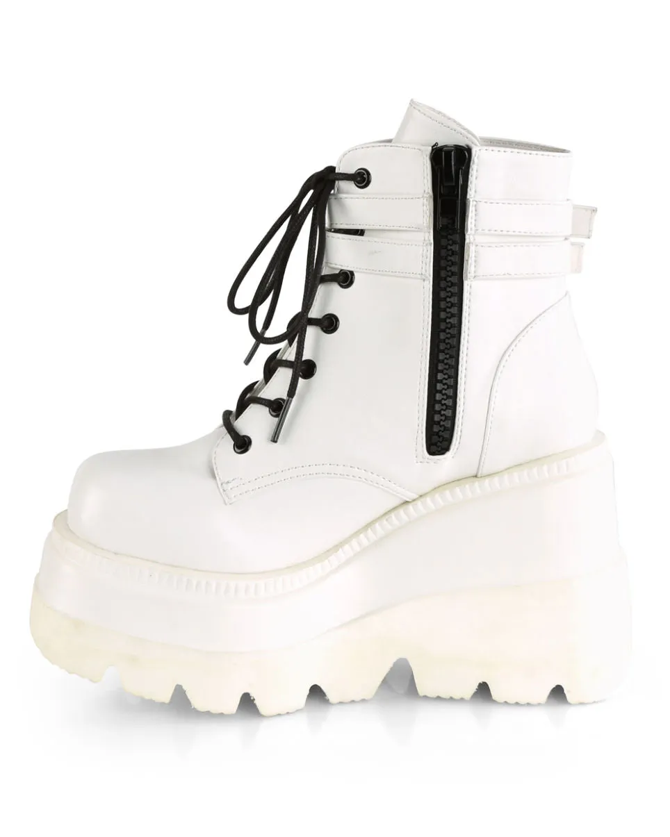 Demonia White Stacked Wedge Platform Ankle Boots