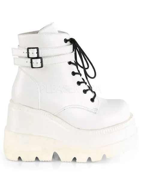 Demonia White Stacked Wedge Platform Ankle Boots