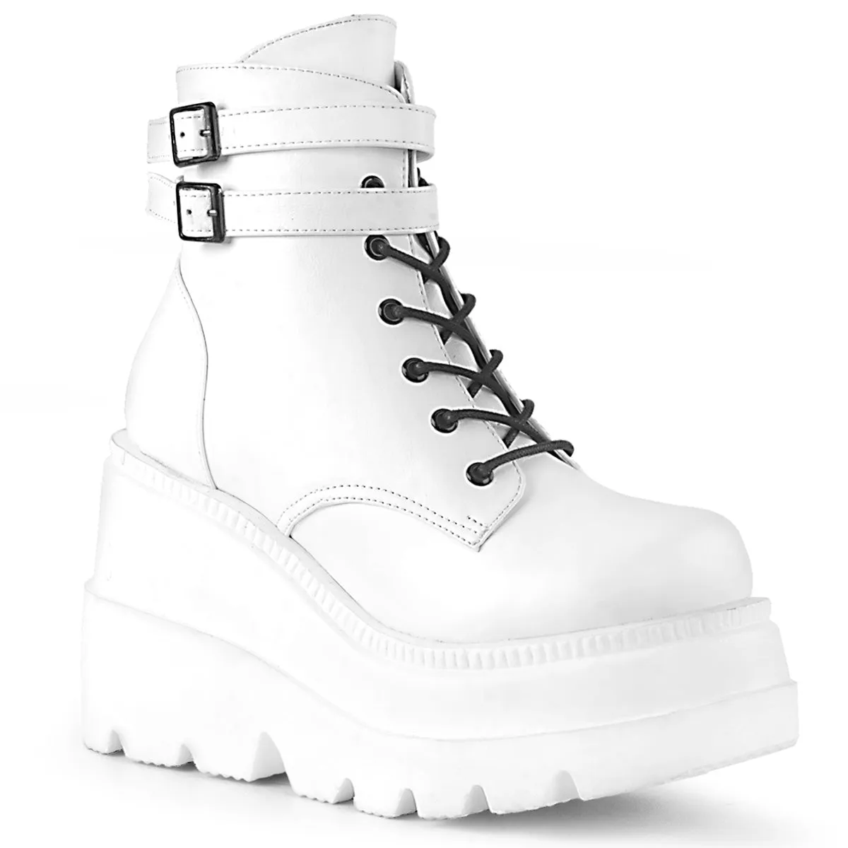 Demonia White Stacked Wedge Platform Ankle Boots