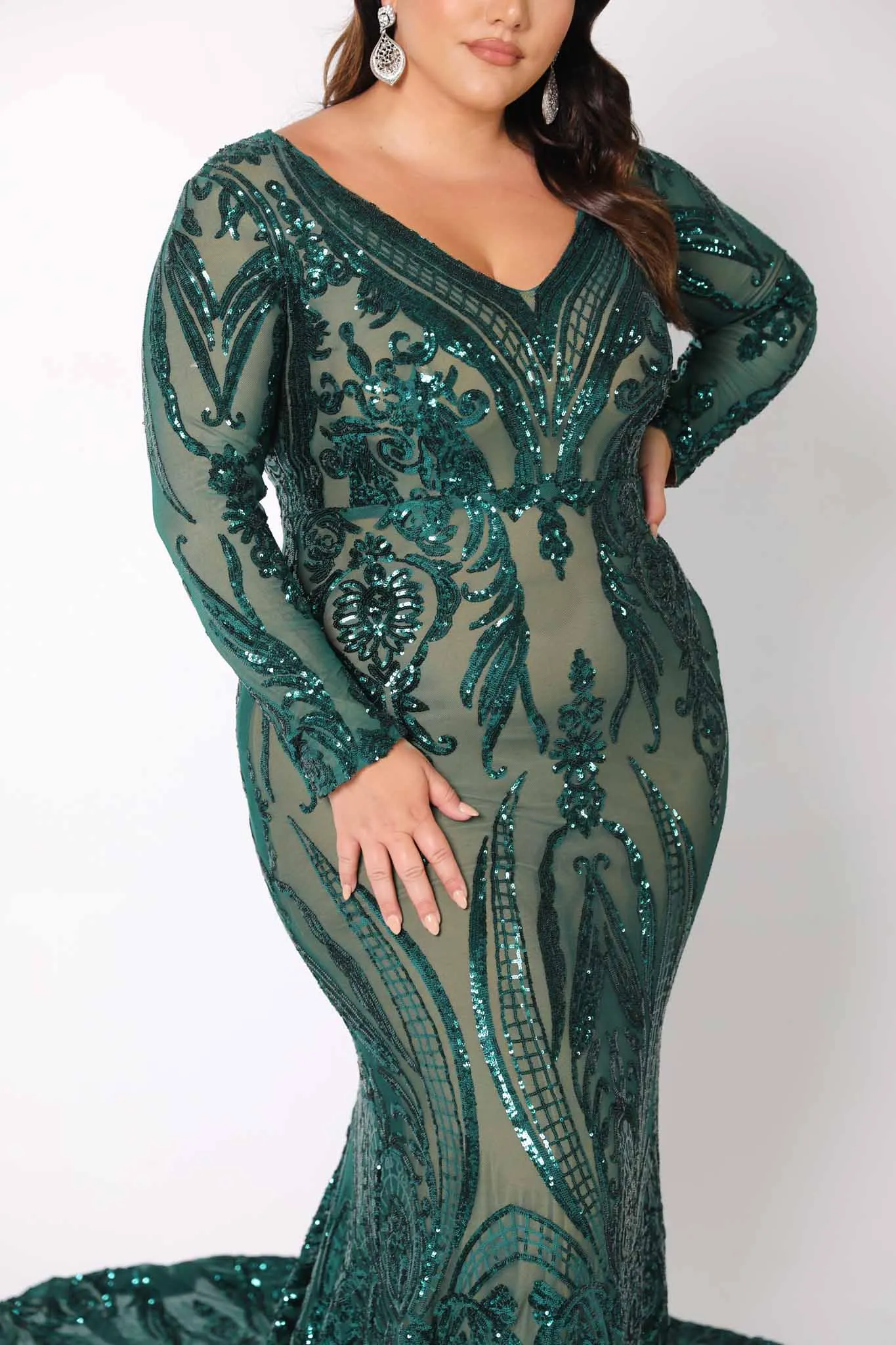 Elena Long-Sleeve Pattern Sequin Gown - Emerald/Nude