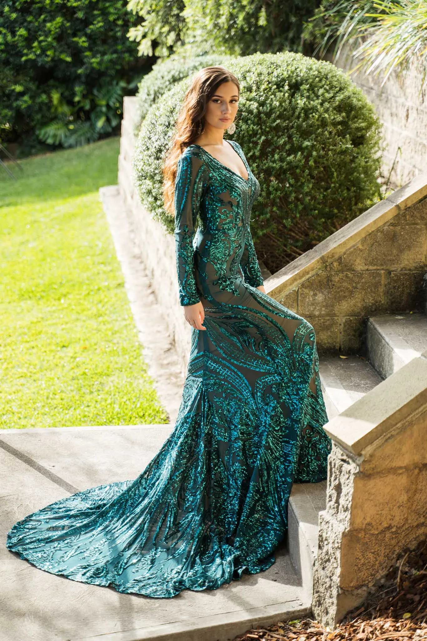 Elena Long-Sleeve Pattern Sequin Gown - Emerald/Nude