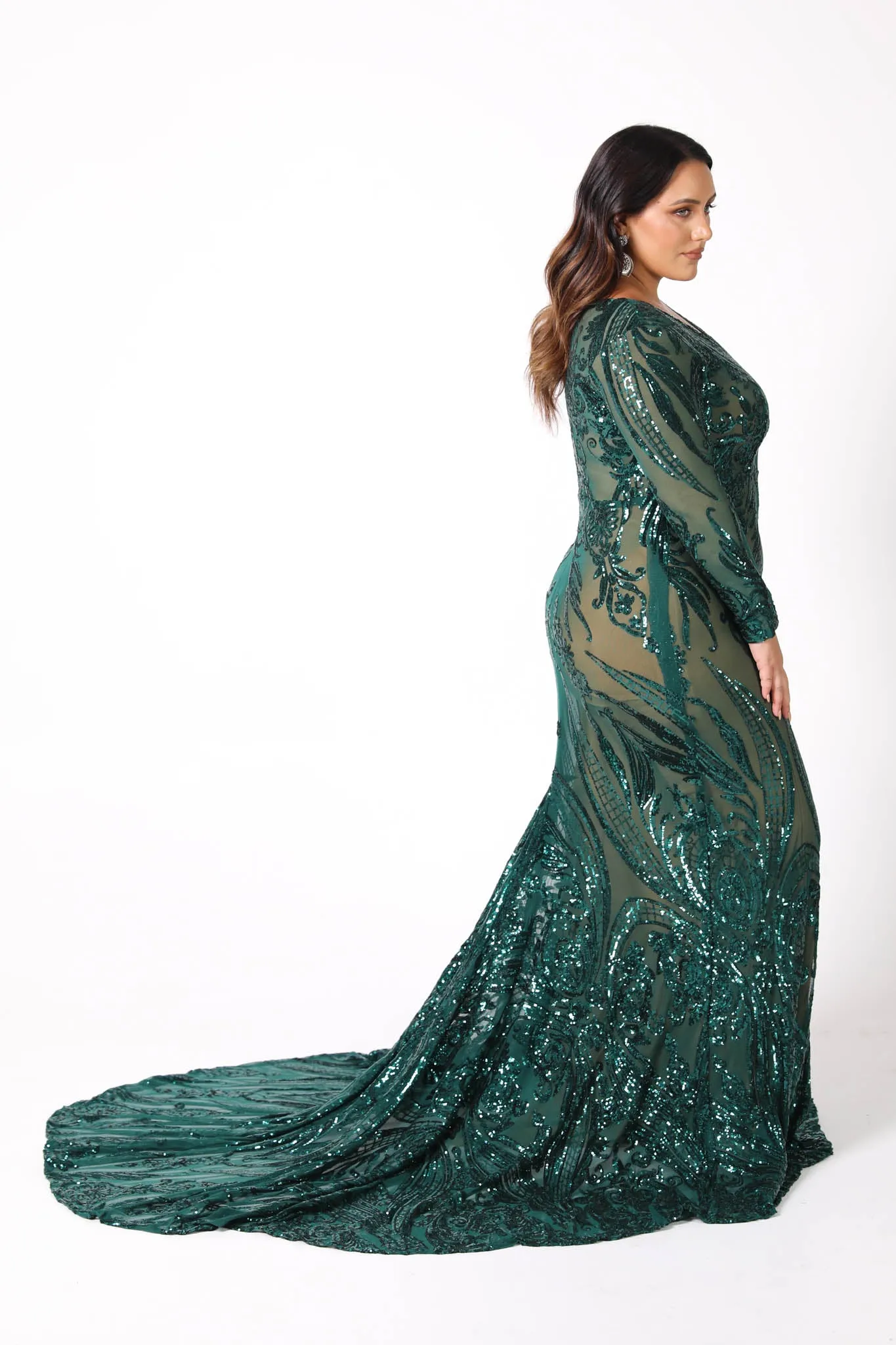 Elena Long-Sleeve Pattern Sequin Gown - Emerald/Nude