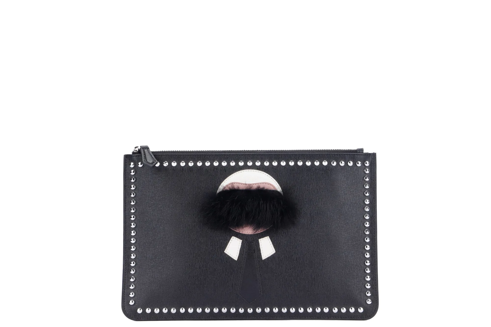 Fendi Karl Lagerfeld Studded Zippy Clutch, Black Color, Mink Fur & Leather