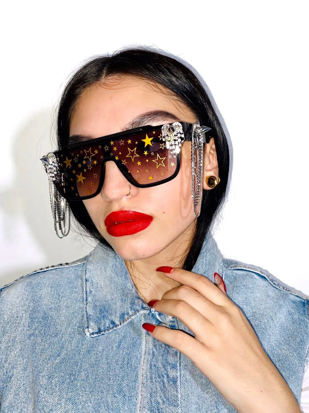 GLASS CRYSTAL-EMBELLISHED STAR PRINT SUNGLASSES