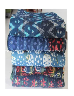 Hand Block Print 100%Cotton Reversible Kantha Throw Ralli Bedcover Twin Size Blanket