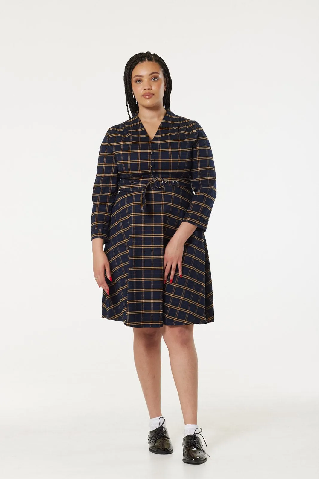 Helena Navy Check Dress in Navy and Yellow Check