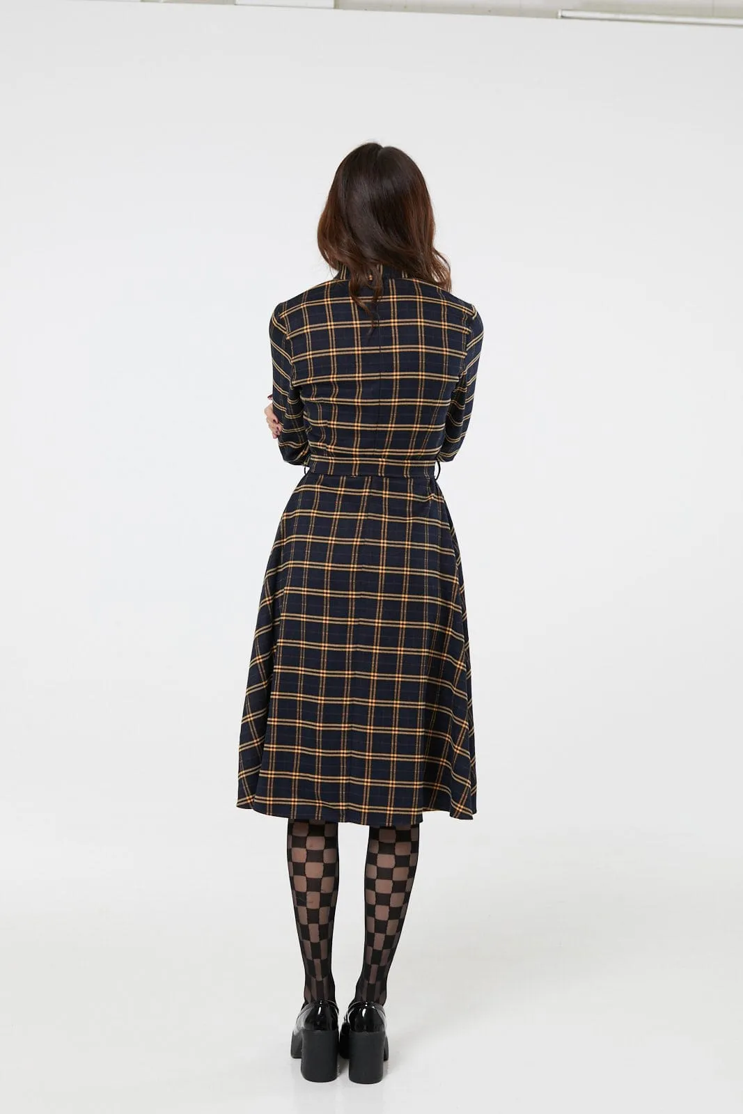 Helena Navy Check Dress in Navy and Yellow Check