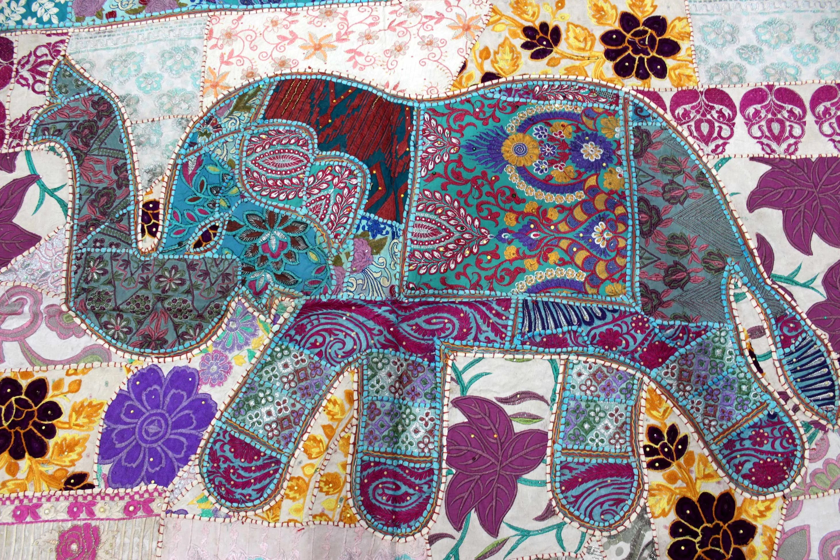 Indian Wall Hanging Embroidered Elephant Tapestry Blue