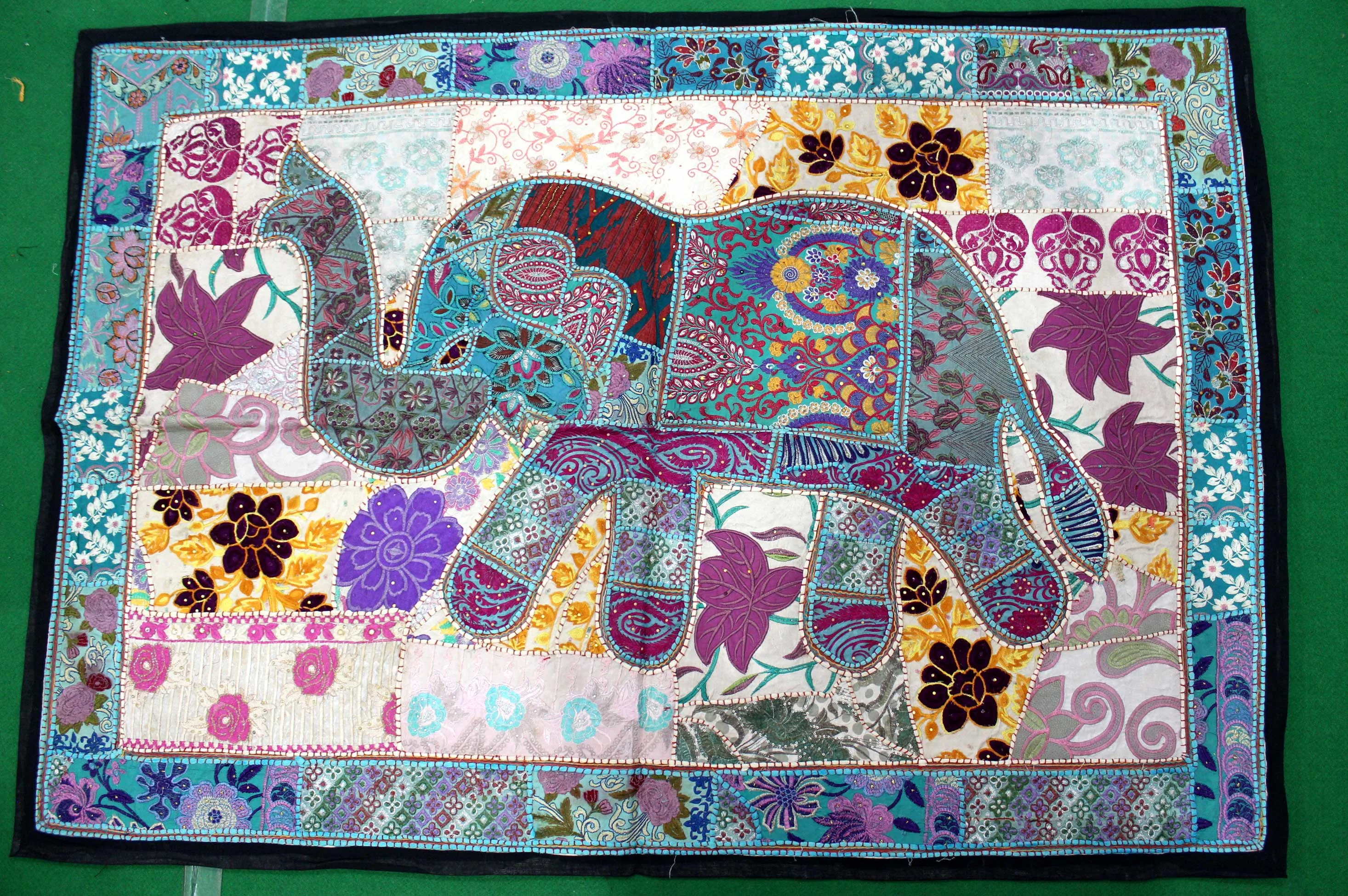 Indian Wall Hanging Embroidered Elephant Tapestry Blue