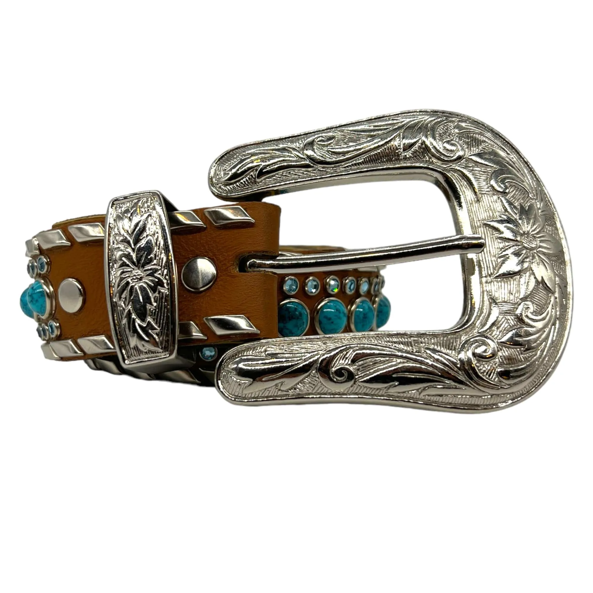 KIPPYS Swarovski Crystal & Turquoise Studded Western Style Belt - Tan