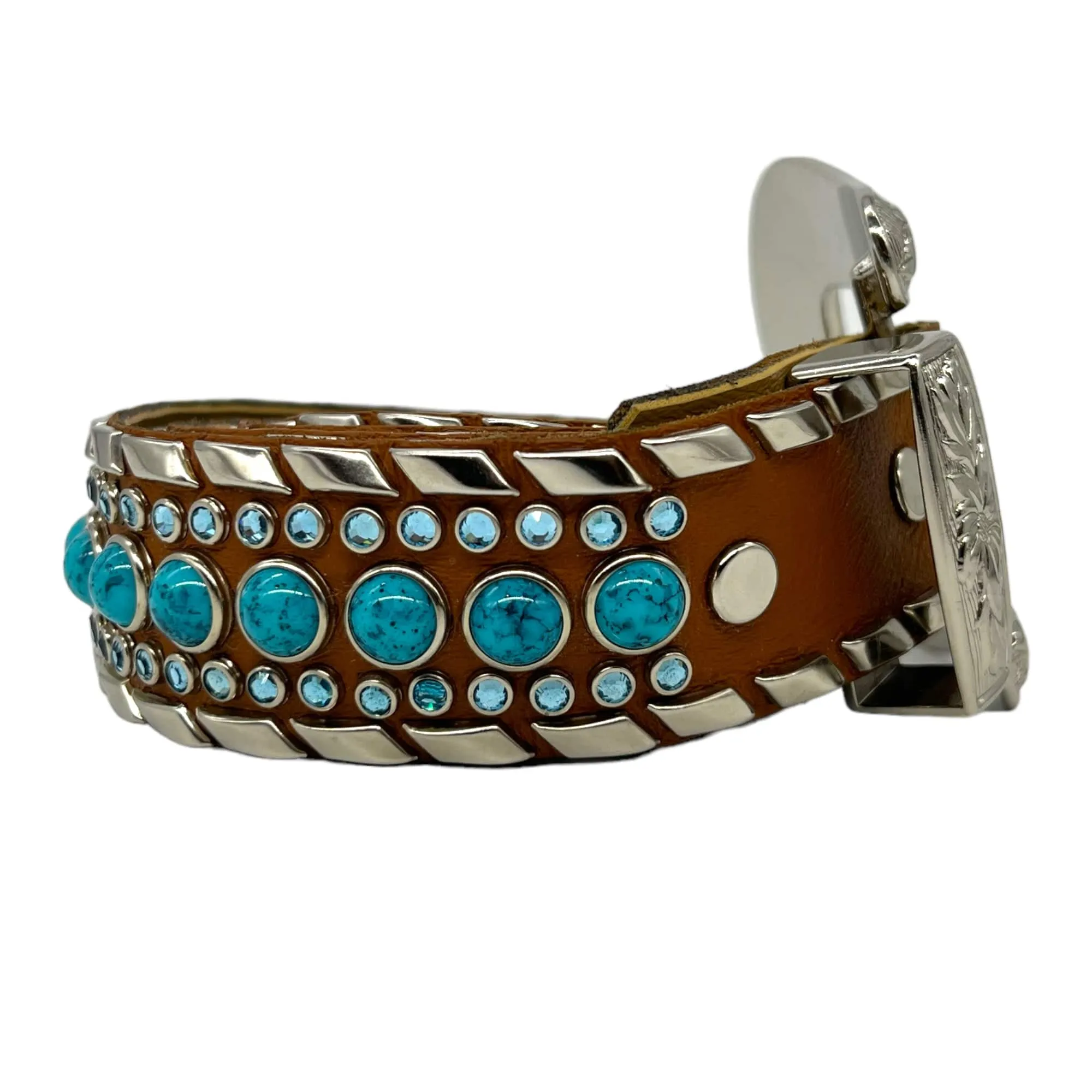 KIPPYS Swarovski Crystal & Turquoise Studded Western Style Belt - Tan