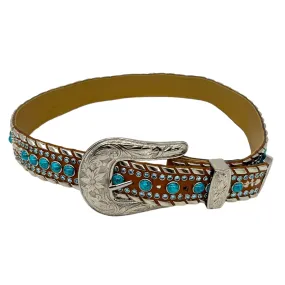 KIPPYS Swarovski Crystal & Turquoise Studded Western Style Belt - Tan