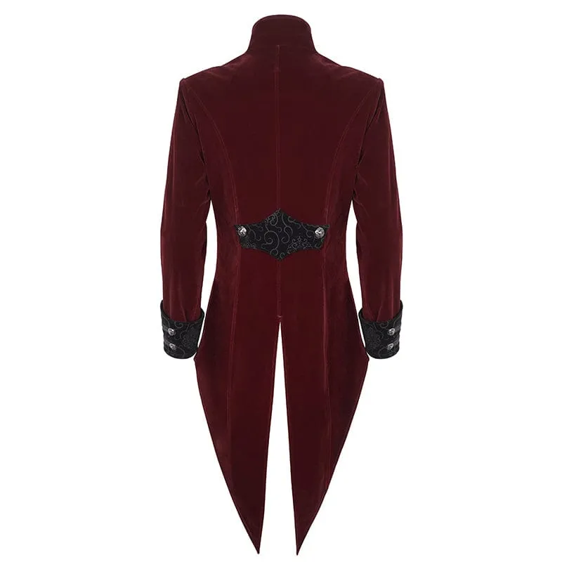 Men's Gothic Stand Collar Lace Splice Swallow-tailed Coat Red