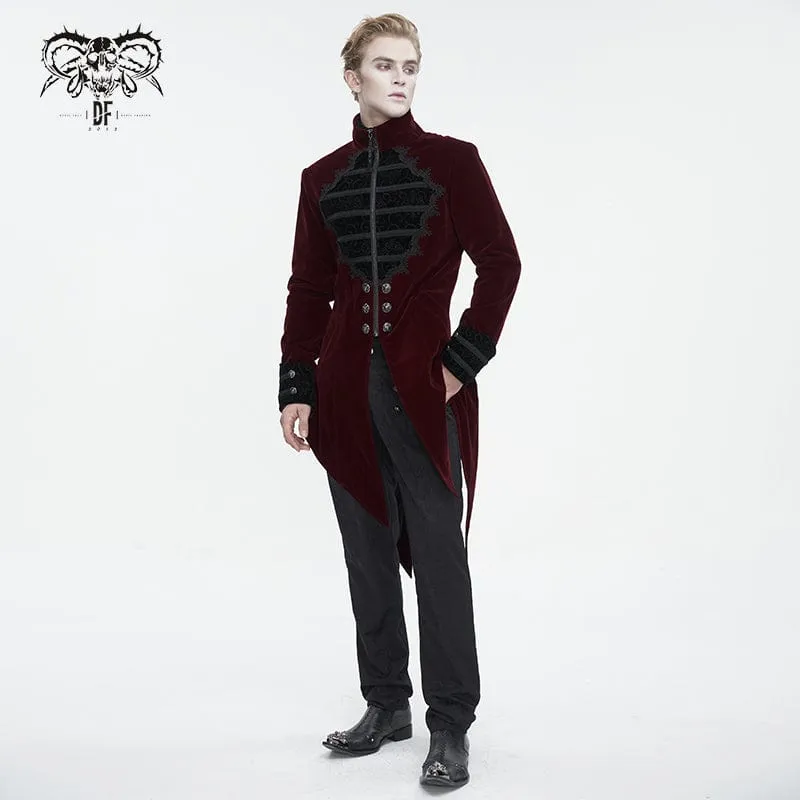 Men's Gothic Stand Collar Lace Splice Swallow-tailed Coat Red