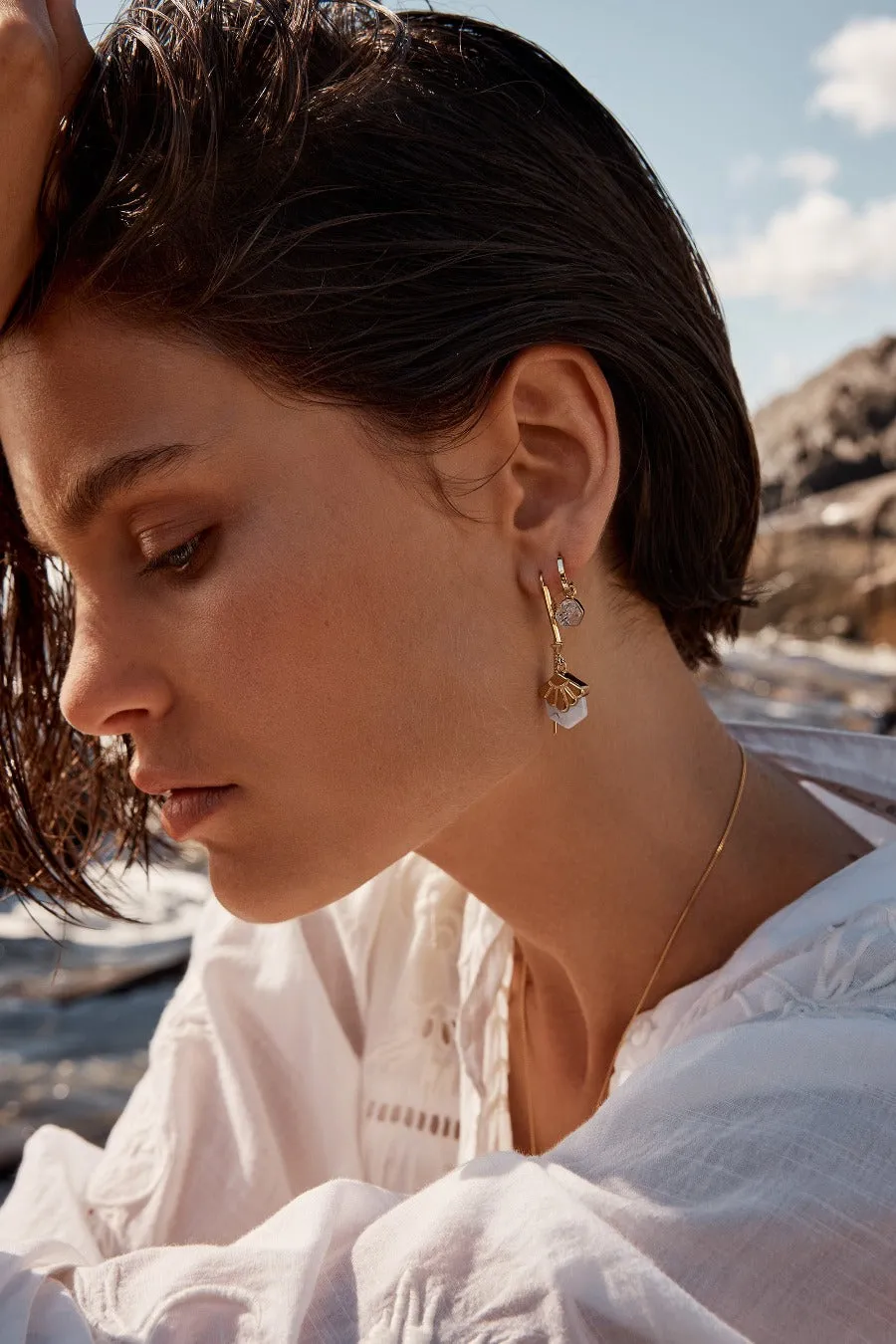 MINI ROUGH GEM HOOP EARRINGS - DIAMOND QUARTZ - SILVER