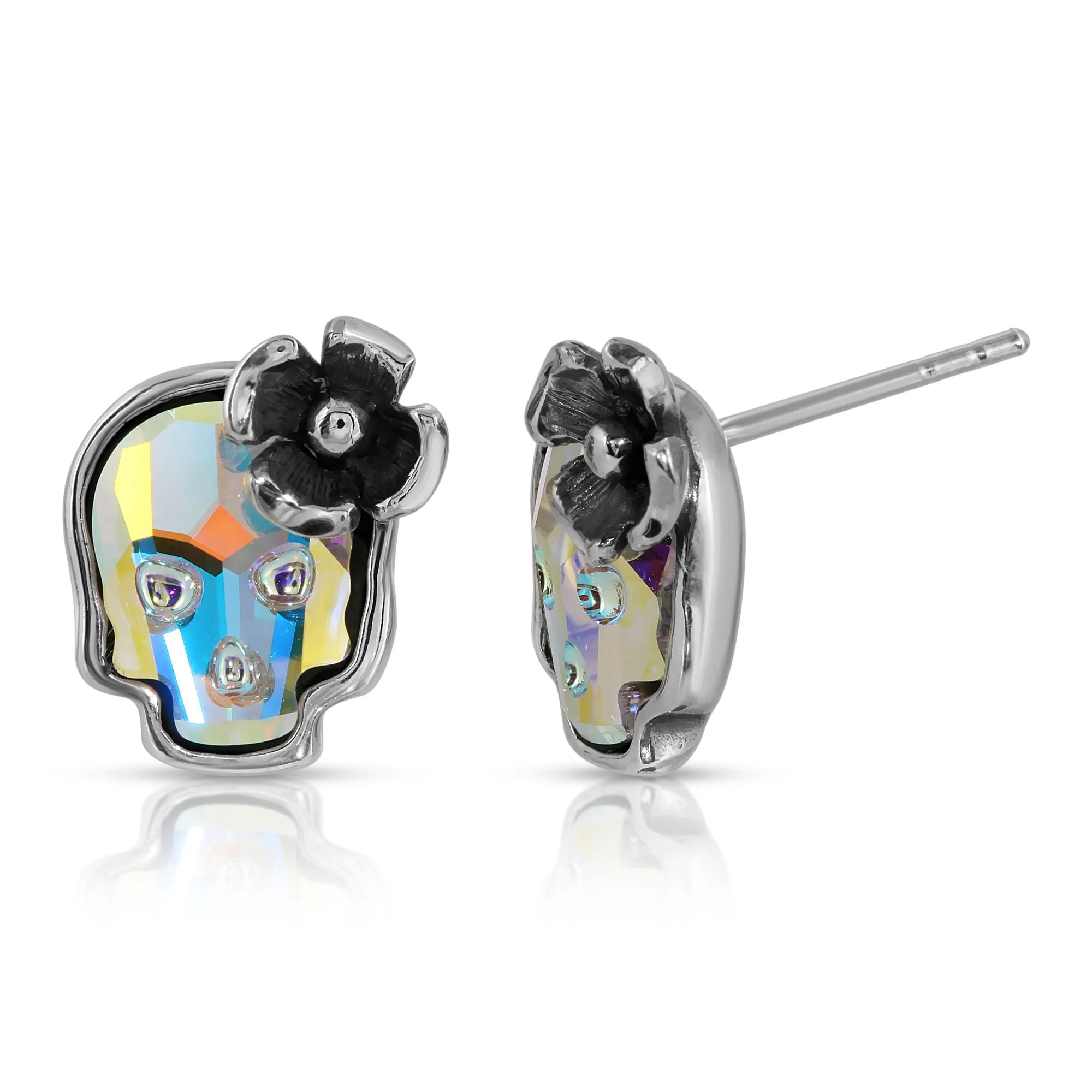 Opal Flower Skull Stud Earrings