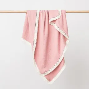 Over The Dandelions Organic Muslin Blanket Boho Tassel Fringe - Shell Pink