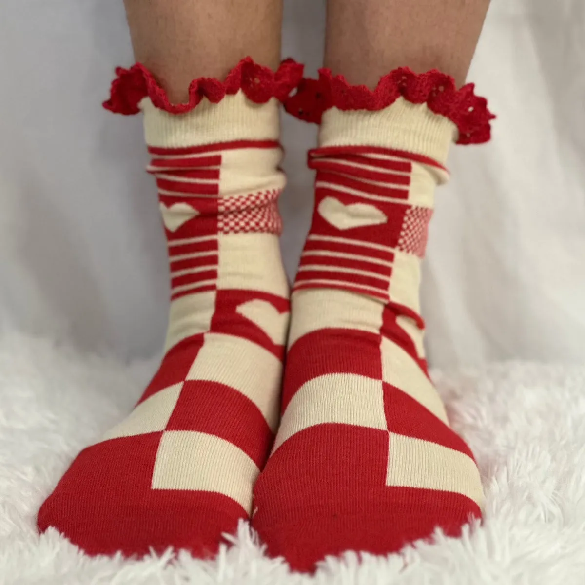 PATCHWORK  lace top heart ankle sock - red