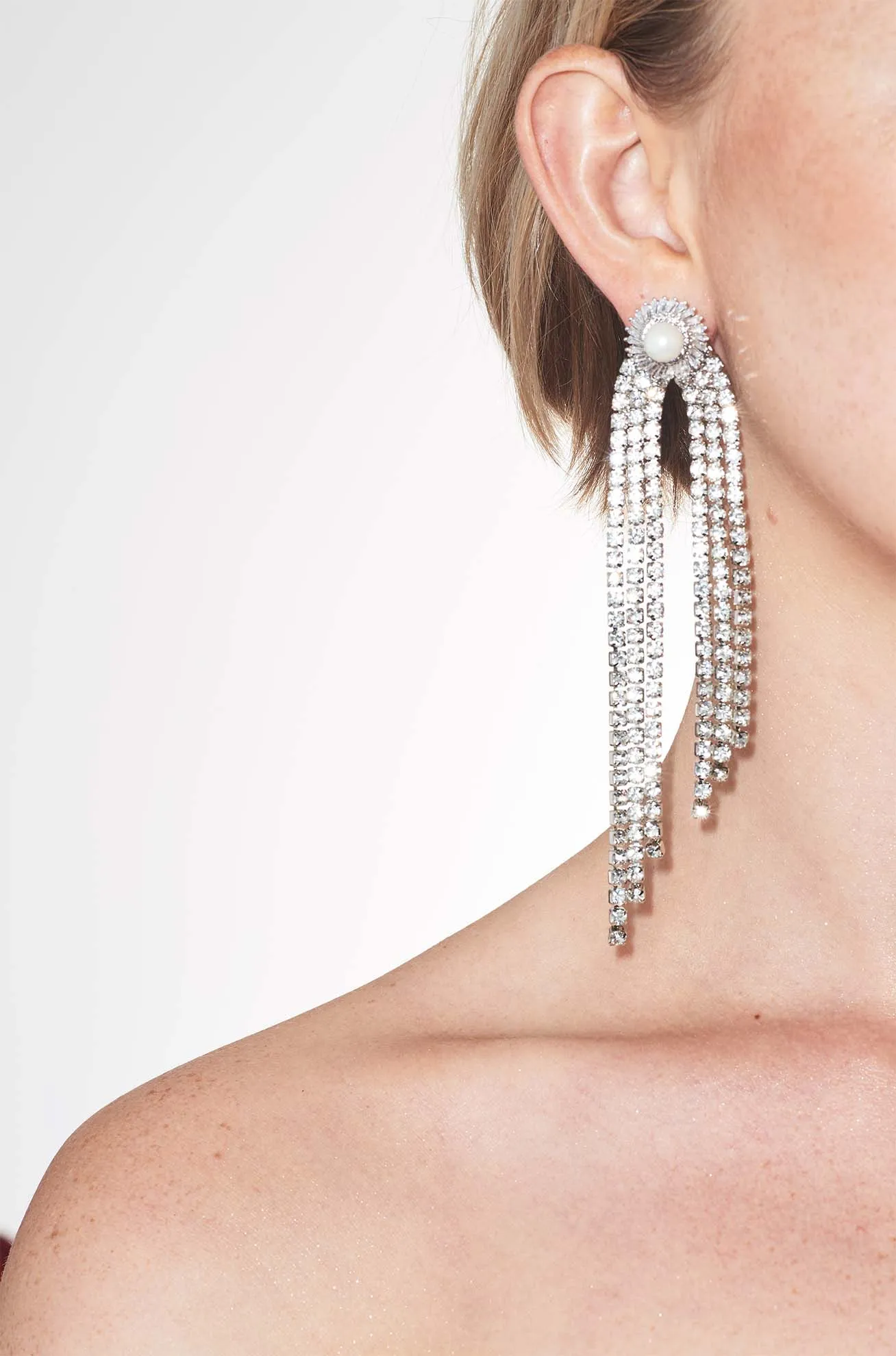 PEARL STUD SILVER FRINGE DROP EARRINGS