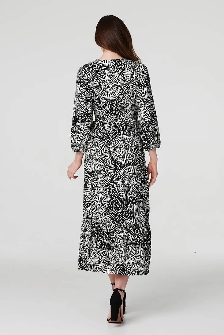 Printed 3/4 Sleeve Midi Wrap Dress