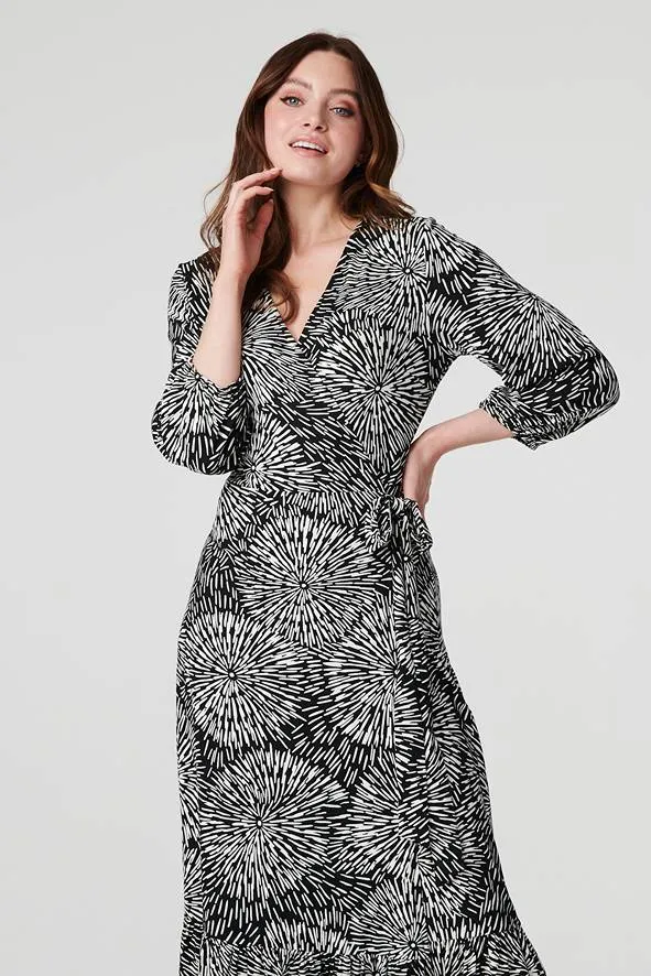 Printed 3/4 Sleeve Midi Wrap Dress