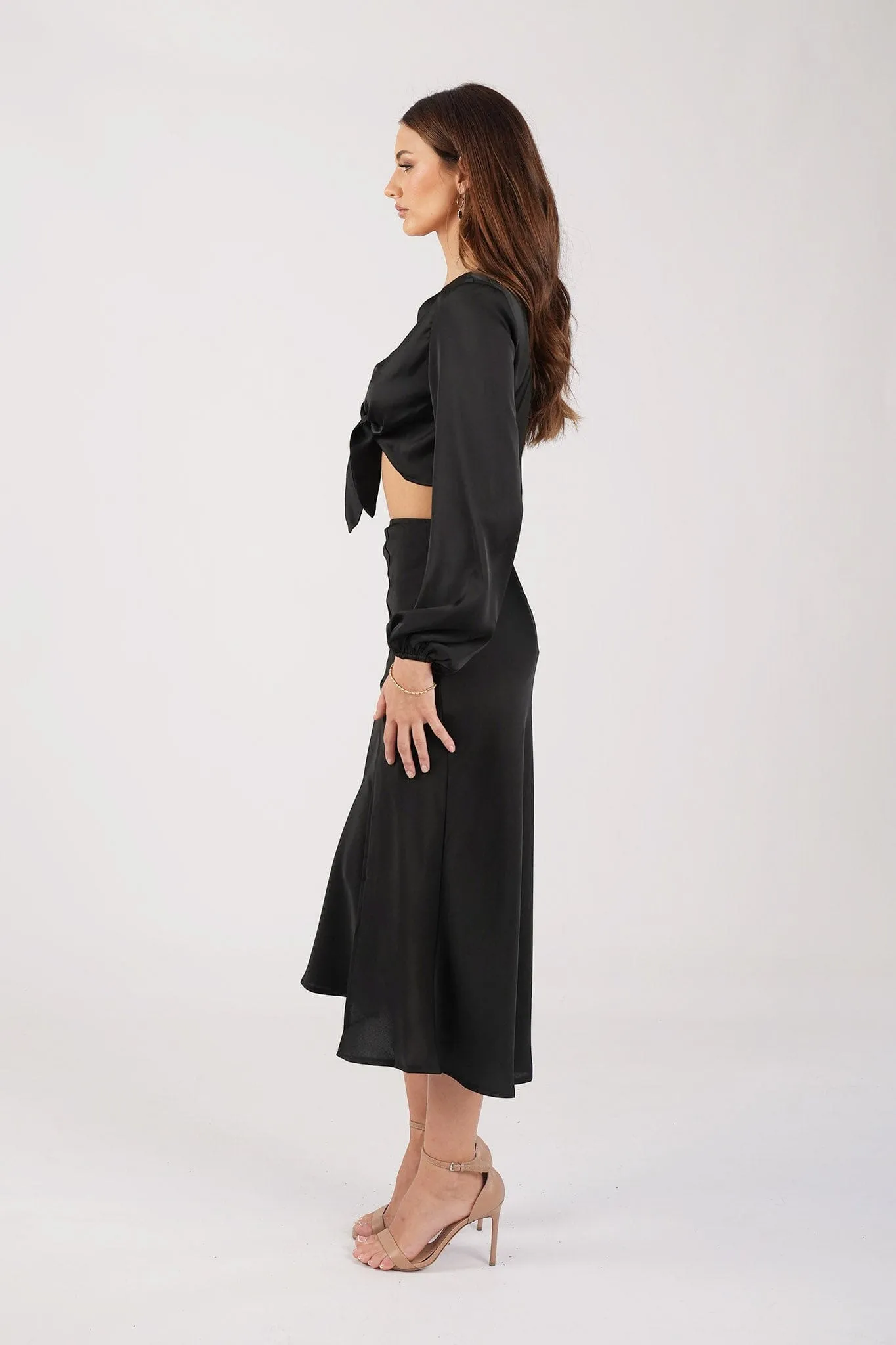 Quinn Satin Set - Long Sleeve Crop Top and Midi Skirt in Black