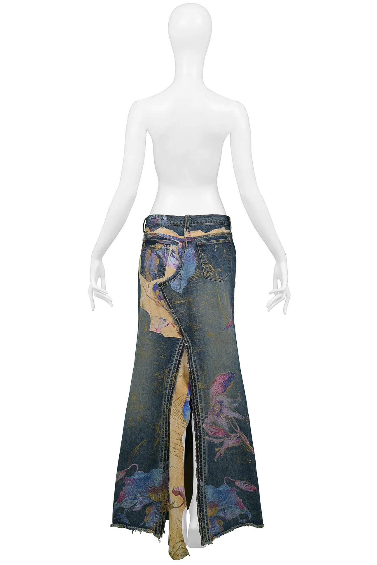 ROBERTO CAVALLI LONG DENIM  & LEATHER HAND PAINTED SKIRT WITH SLIT