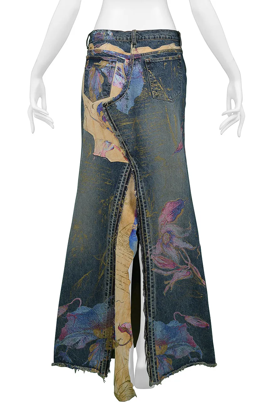 ROBERTO CAVALLI LONG DENIM  & LEATHER HAND PAINTED SKIRT WITH SLIT