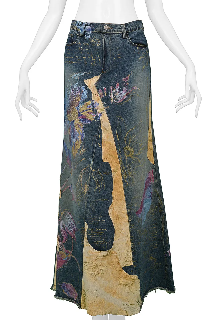 ROBERTO CAVALLI LONG DENIM  & LEATHER HAND PAINTED SKIRT WITH SLIT