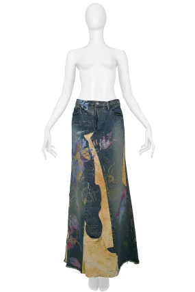 ROBERTO CAVALLI LONG DENIM  & LEATHER HAND PAINTED SKIRT WITH SLIT